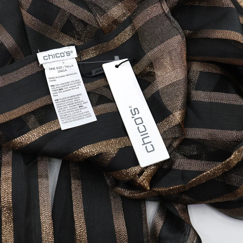 A5 NWT Auth CHICO'S Metallic Silk Blend Sparkling Black Gold Lurex Scarf $49.50